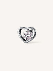 Charm de plata de ley en forma de corazón con huella mascota en circonitas rosa compatible Pandora.