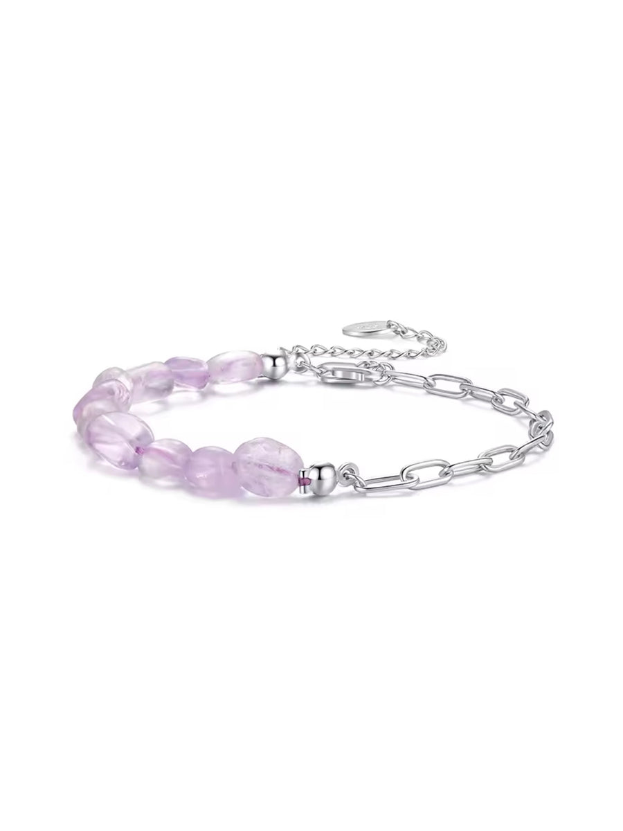 Pulsera de cristal natural irregular malva combinado con cadena de eslabones pequeños en plata de ley 925.