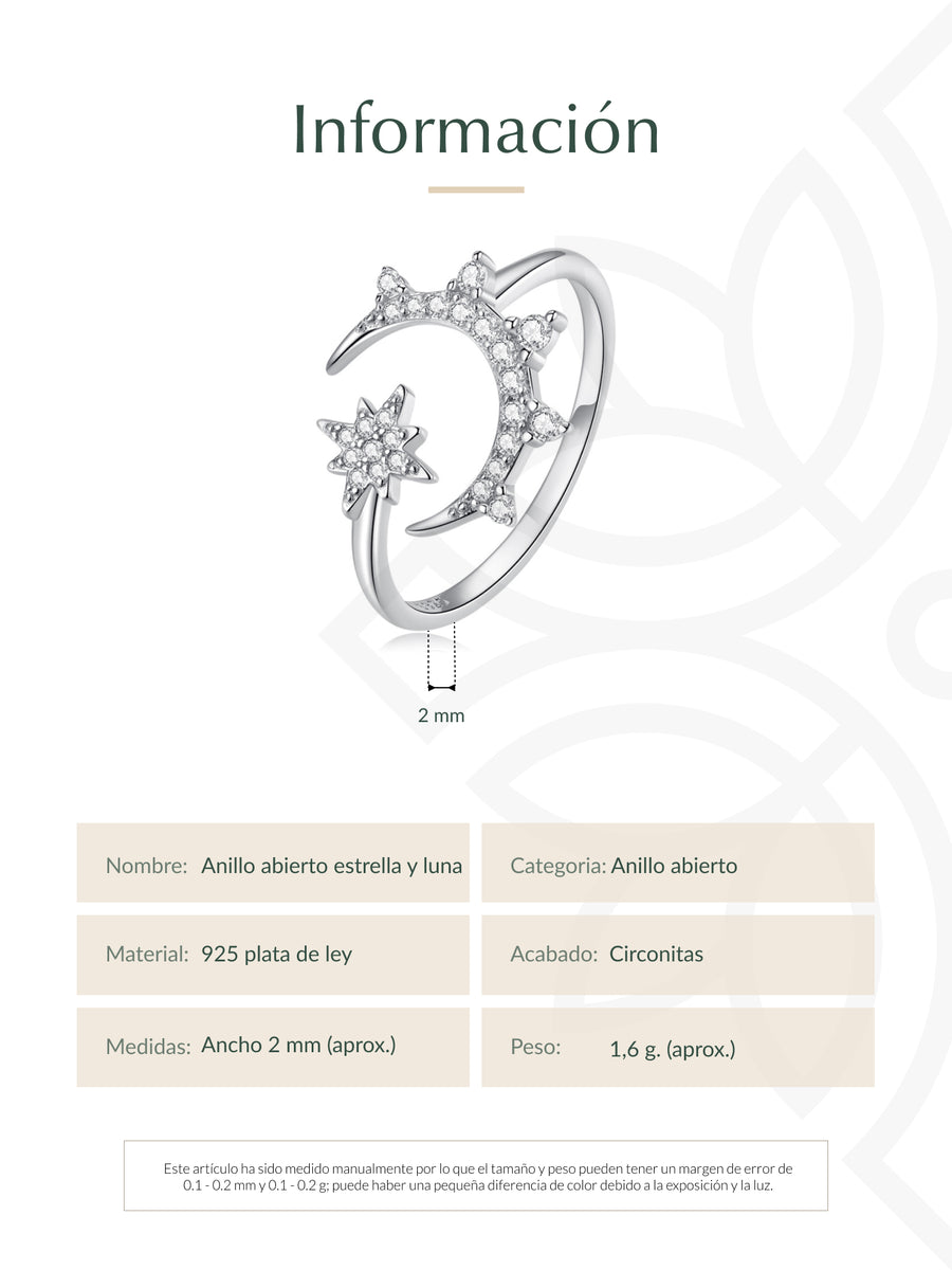 Anillo abierto estrella y luna